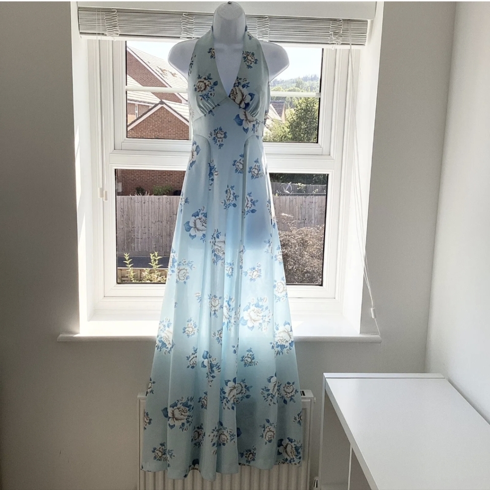 Vtg 70s Richard Shops maxi halter neck A line floral rose pale baby blue dress - Picture 1 of 8